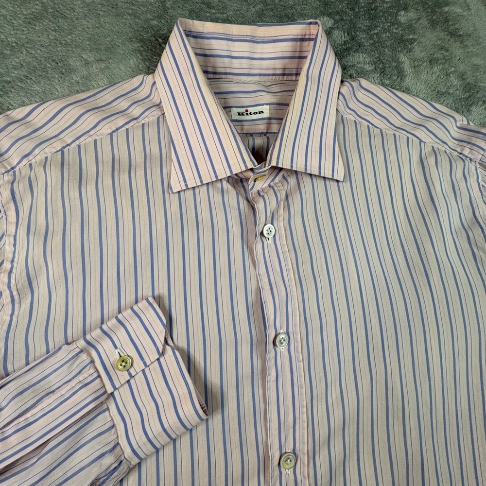 Kiton Men's 2XL 17.5/44 Light Pink Blue Striped Button Up Shirt Made in Italy